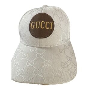 GUCCI Monogram Wool Cashmere Baseball Hat White Brown Leather‎ Logo Patch OSFM